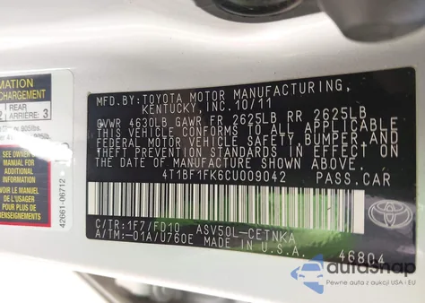 2012 Toyota Camry Le z USA, uszkodzony, nr VIN 4T1BF1FK6CU009042
